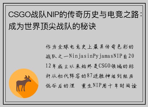 CSGO战队NIP的传奇历史与电竞之路：成为世界顶尖战队的秘诀